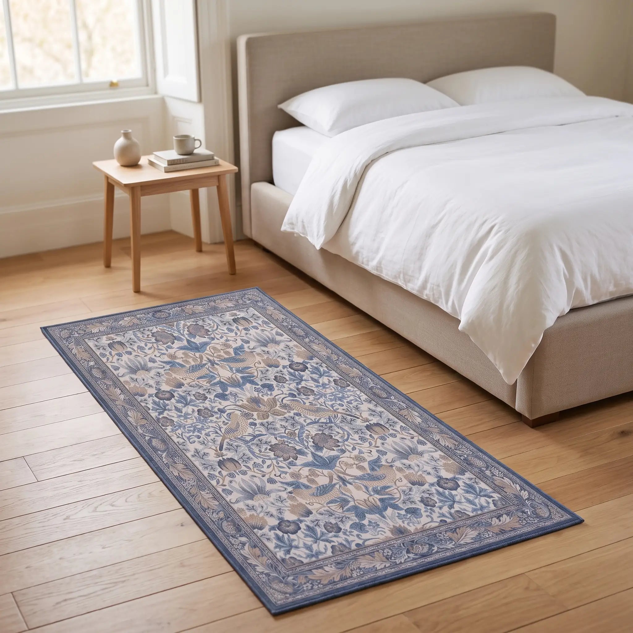 Strawberry Thief Indigo and Ivory Rug in a bedroom