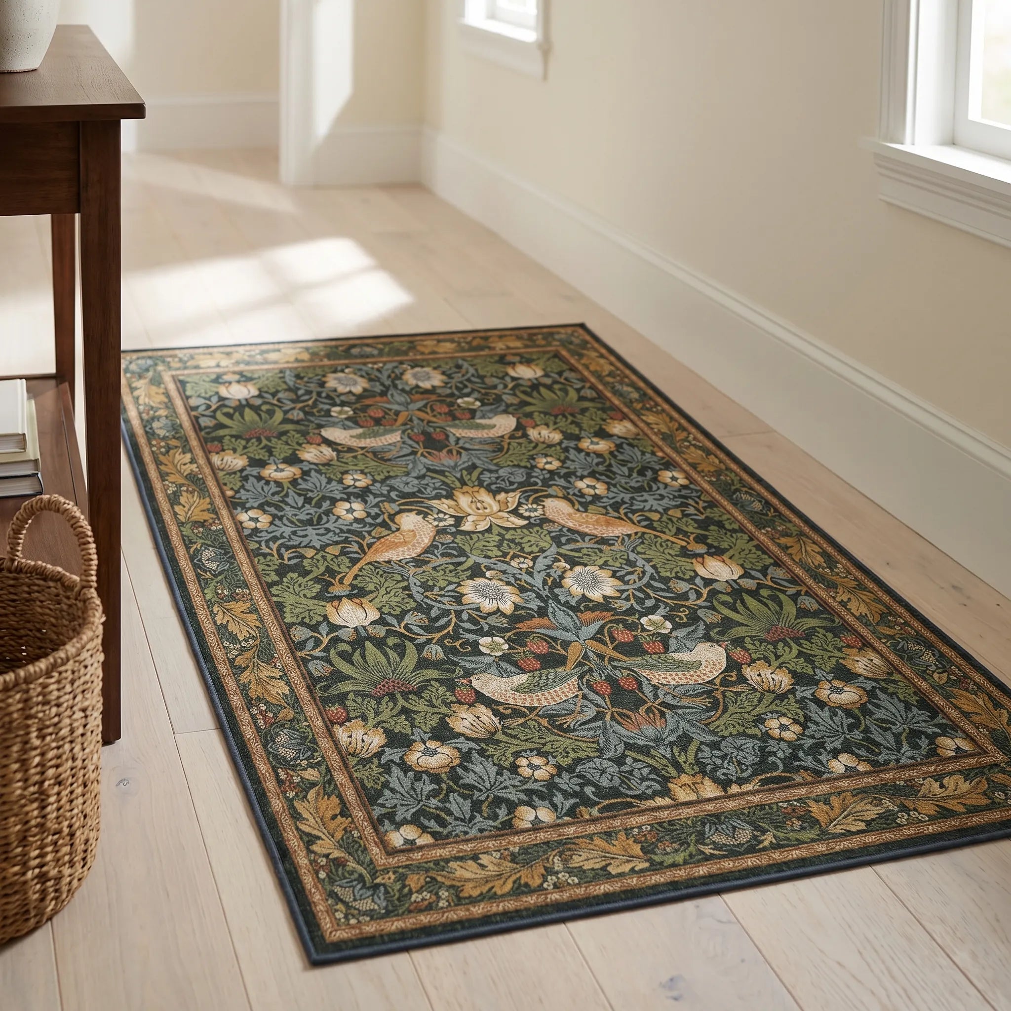 Strawberry Thief Indigo Rug in a hallway