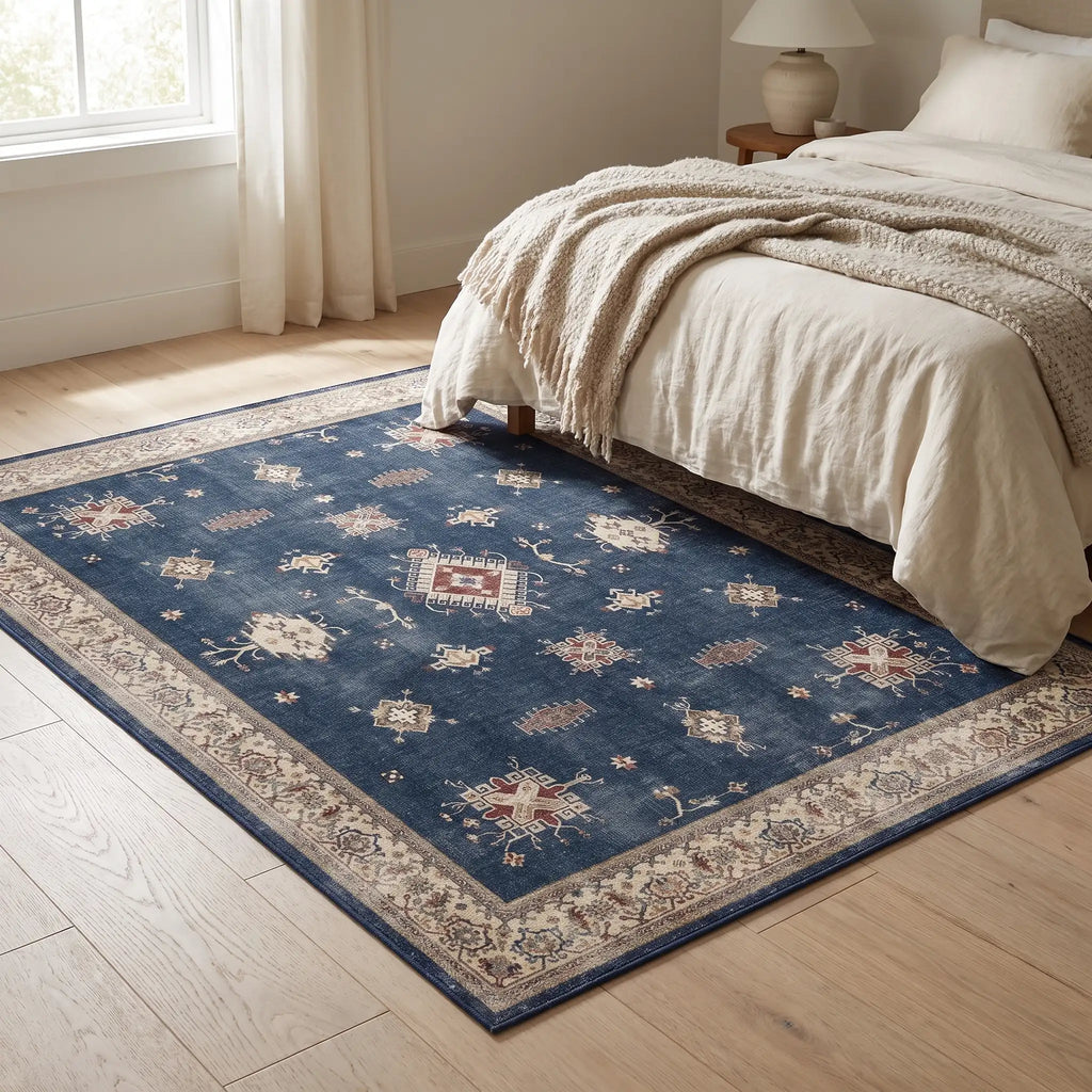 Verena Sapphire Blue Rug in a bedroom