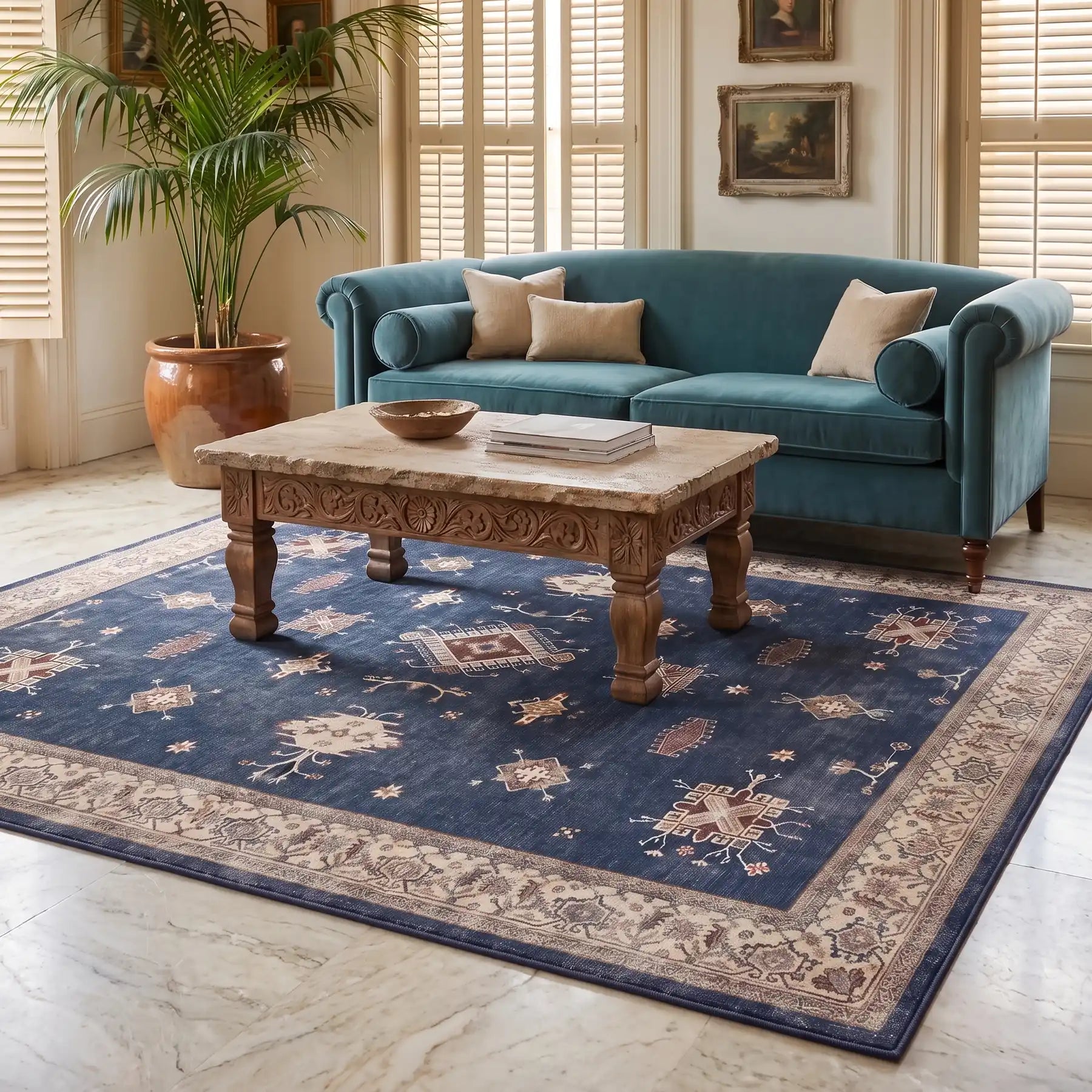 Verena Sapphire Blue Medallion Rug in a living room