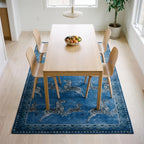 Zebras Blue Rug in a dining room