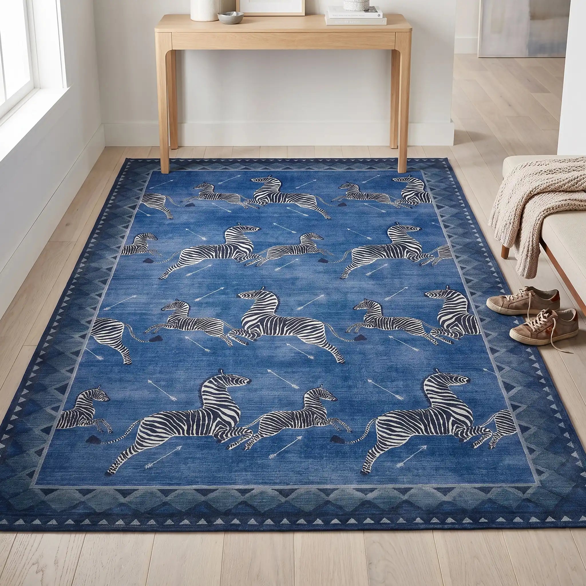 Zebras Blue Rug in an entryway