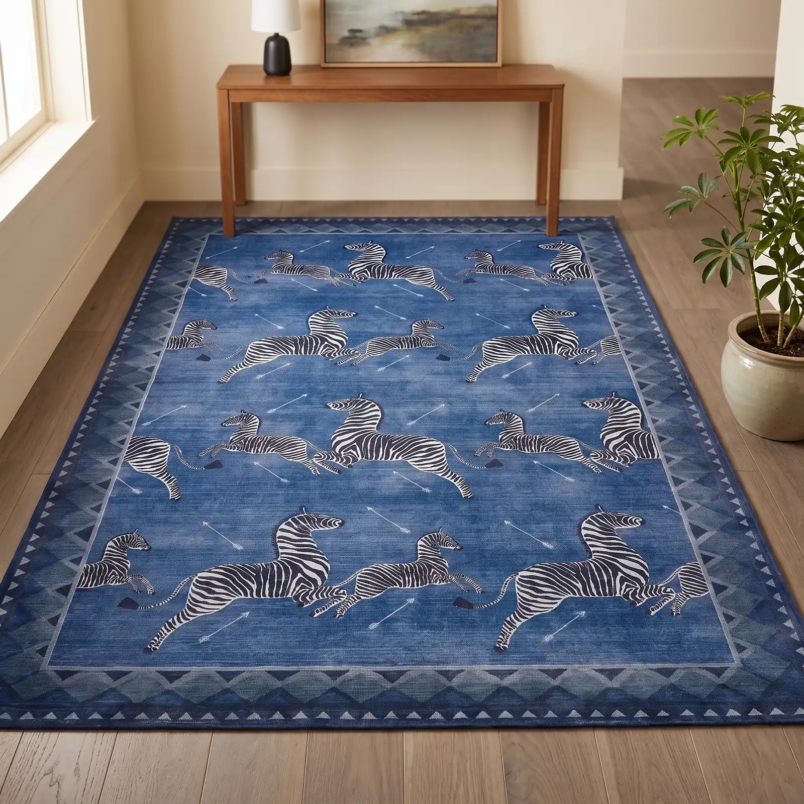 Zebras Blue Animal Print Rug in an entryway
